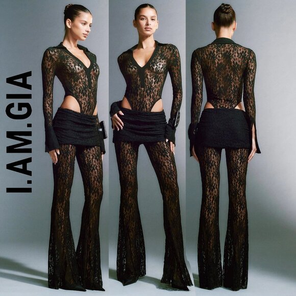 💋HOT ITEM!💋I.AM.GIA KYLEAH FOLD-OVER WAISTBAND LACE PANTS IN BLACK - Picture 1 of 16